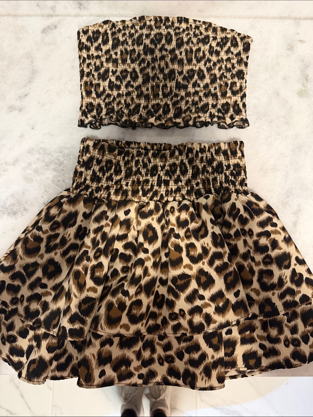 Leopard Print Two-Piece Tube Top and Skirt Set - Tan & Black